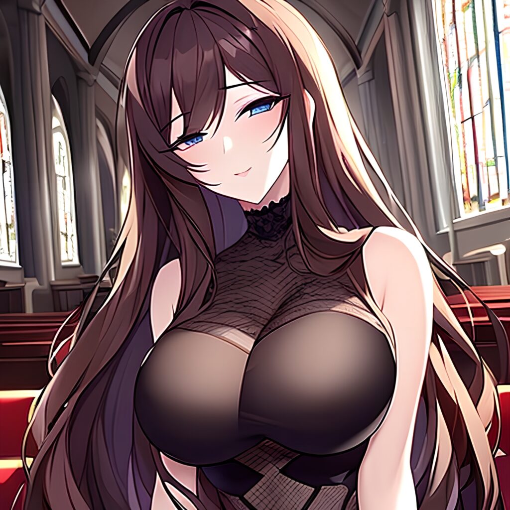 brunette messy hair long hair woman fishnet church 