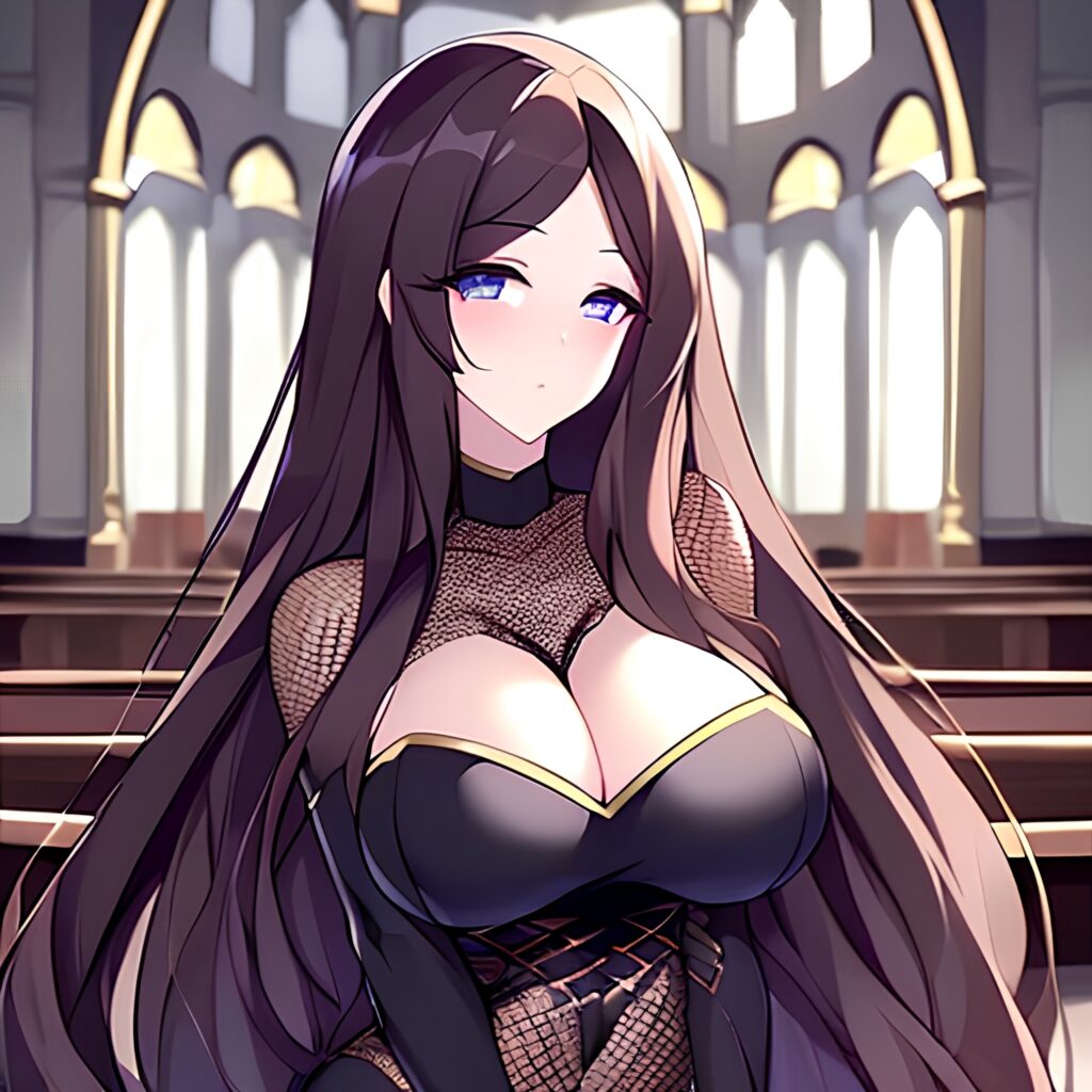 brunette messy hair long hair woman fishnet church 