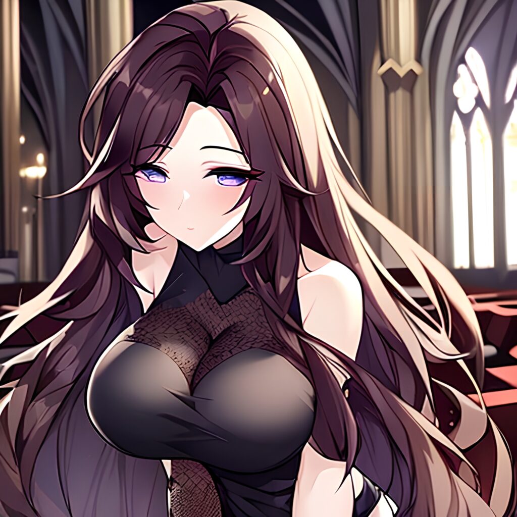 brunette messy hair long hair woman fishnet church 