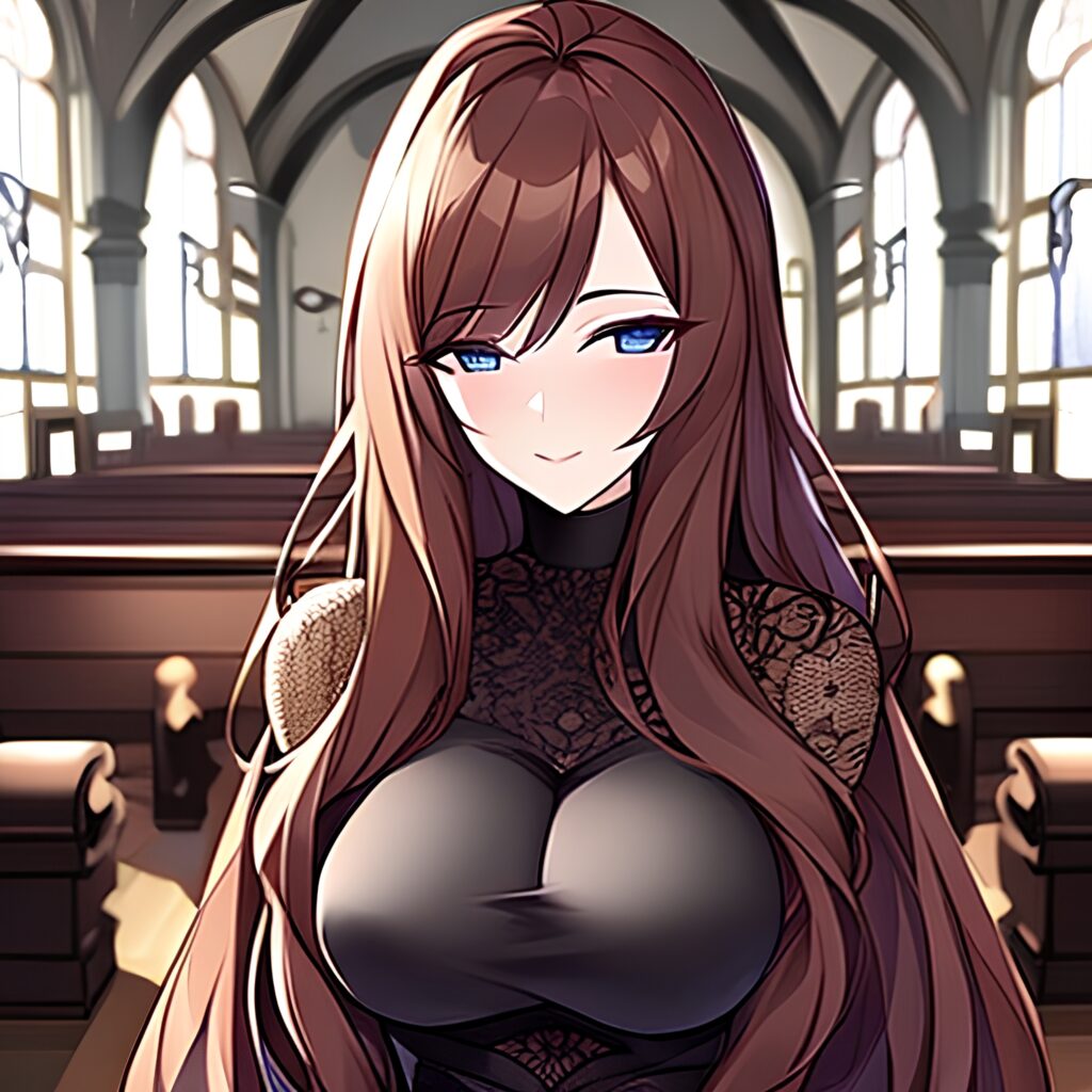 brunette messy hair long hair woman fishnet church 