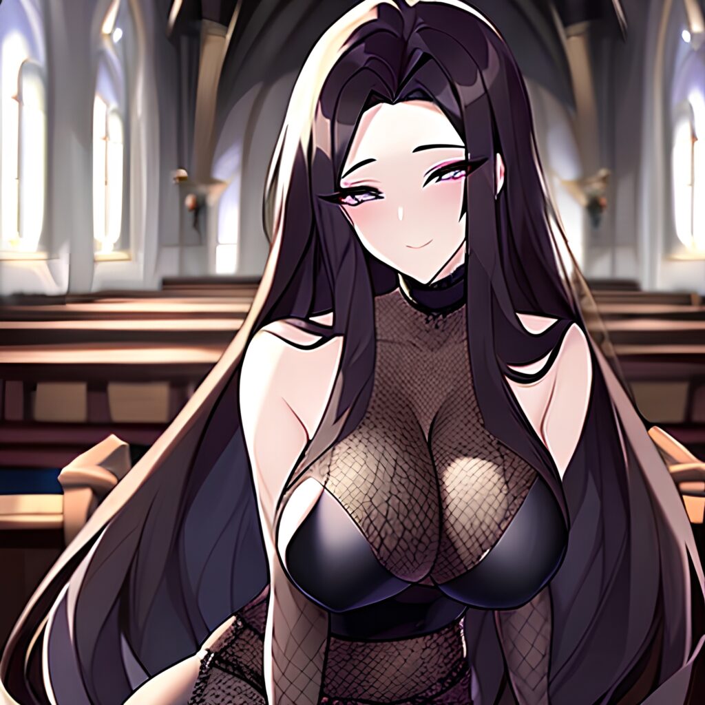 brunette messy hair long hair woman fishnet church 