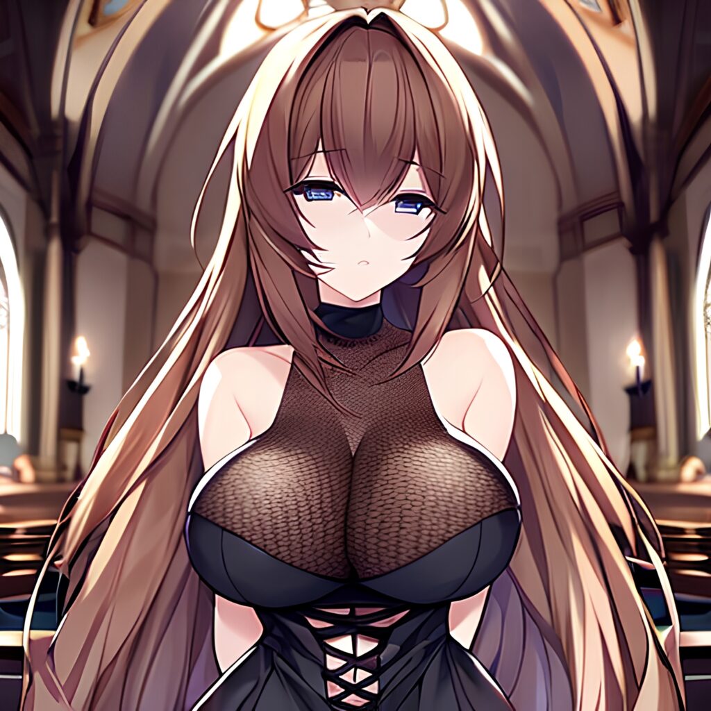 brunette messy hair long hair woman fishnet church 