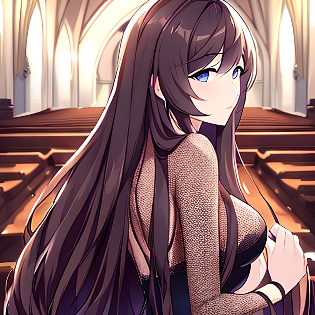 brunette messy hair woman church fishnet long hair 