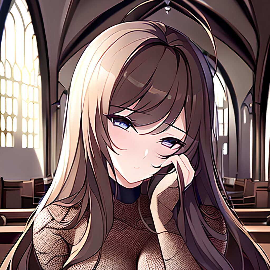 brunette messy hair woman church long hair fishnet 