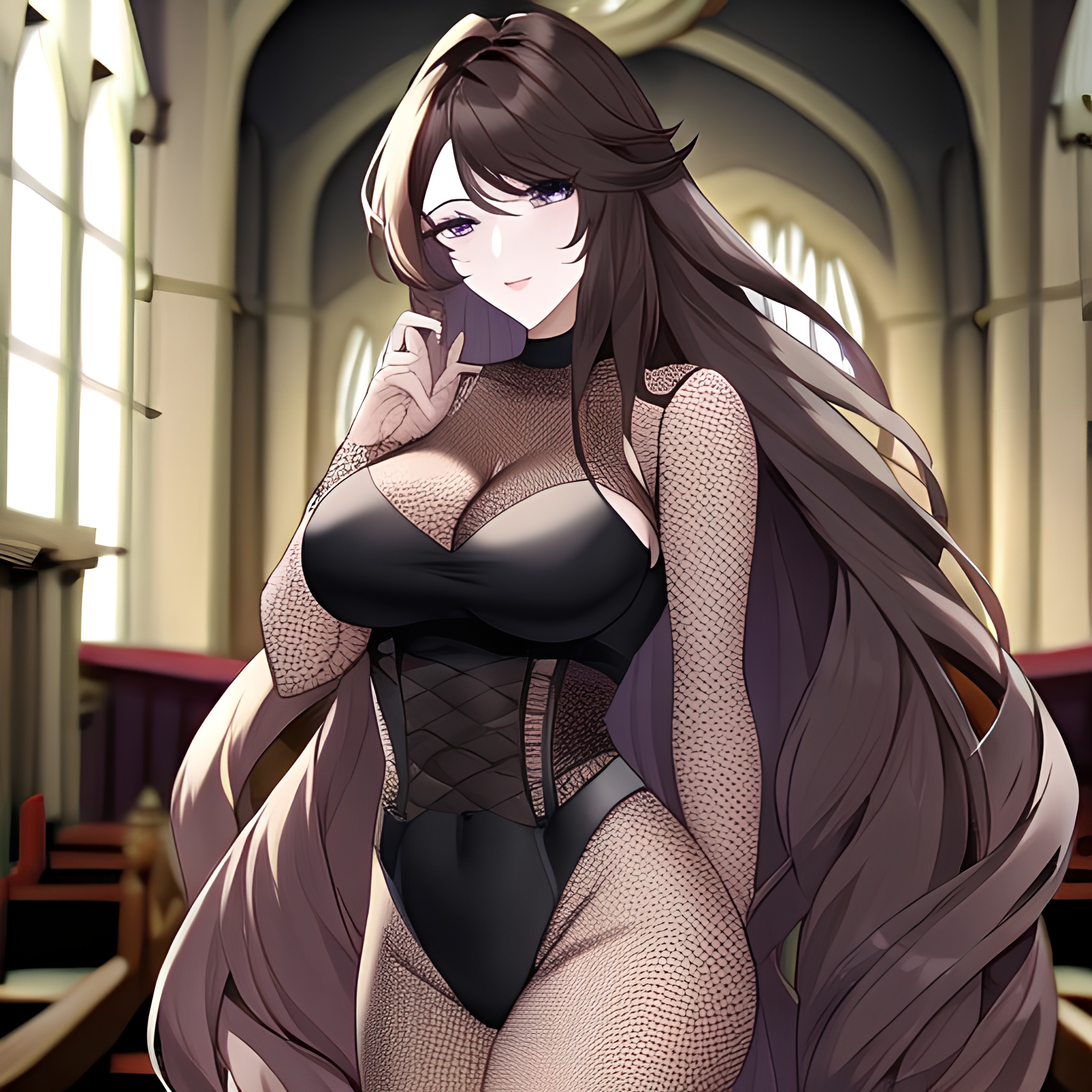 brunette messy hair woman fishnet church long hair 