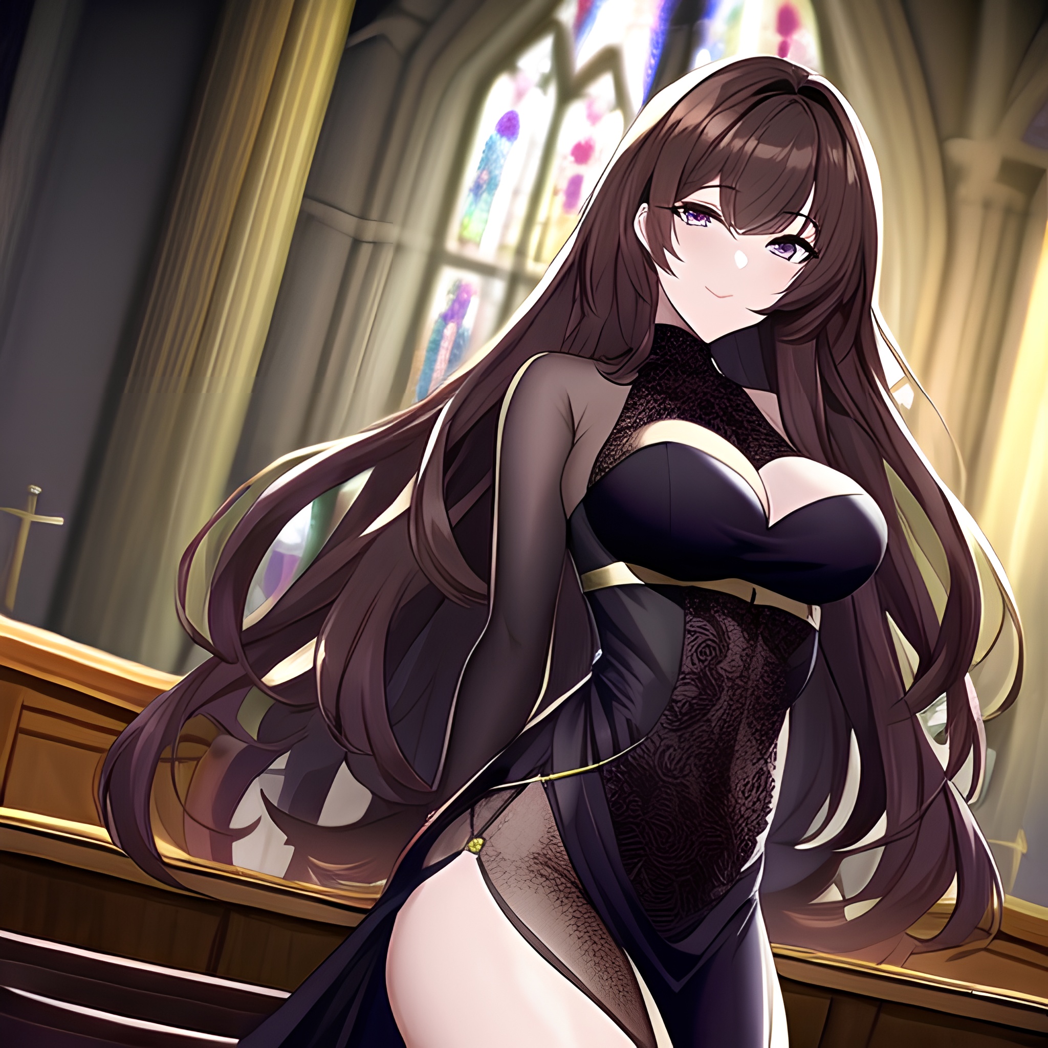 brunette messy hair woman fishnet church long hair 