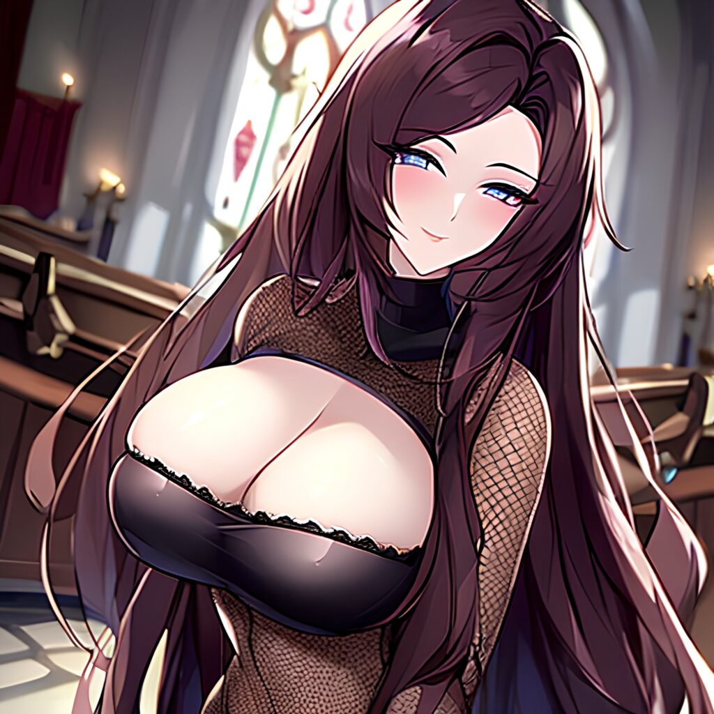 brunette messy hair woman fishnet long hair church 