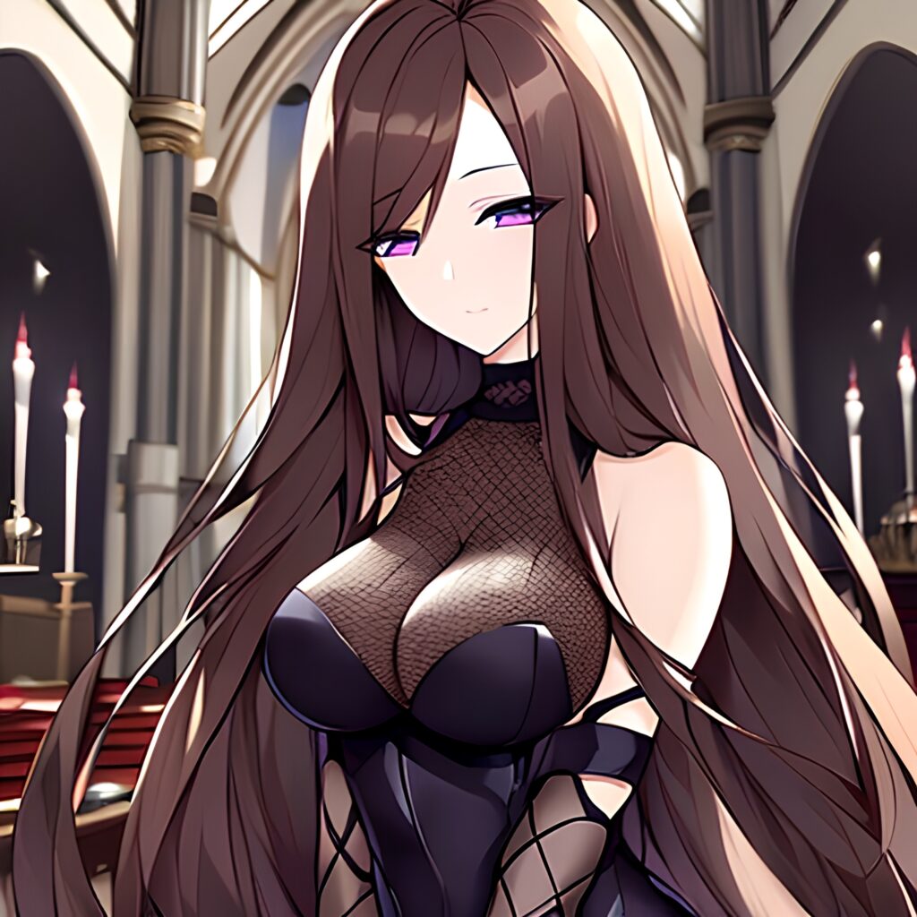 brunette messy hair woman fishnet long hair church 