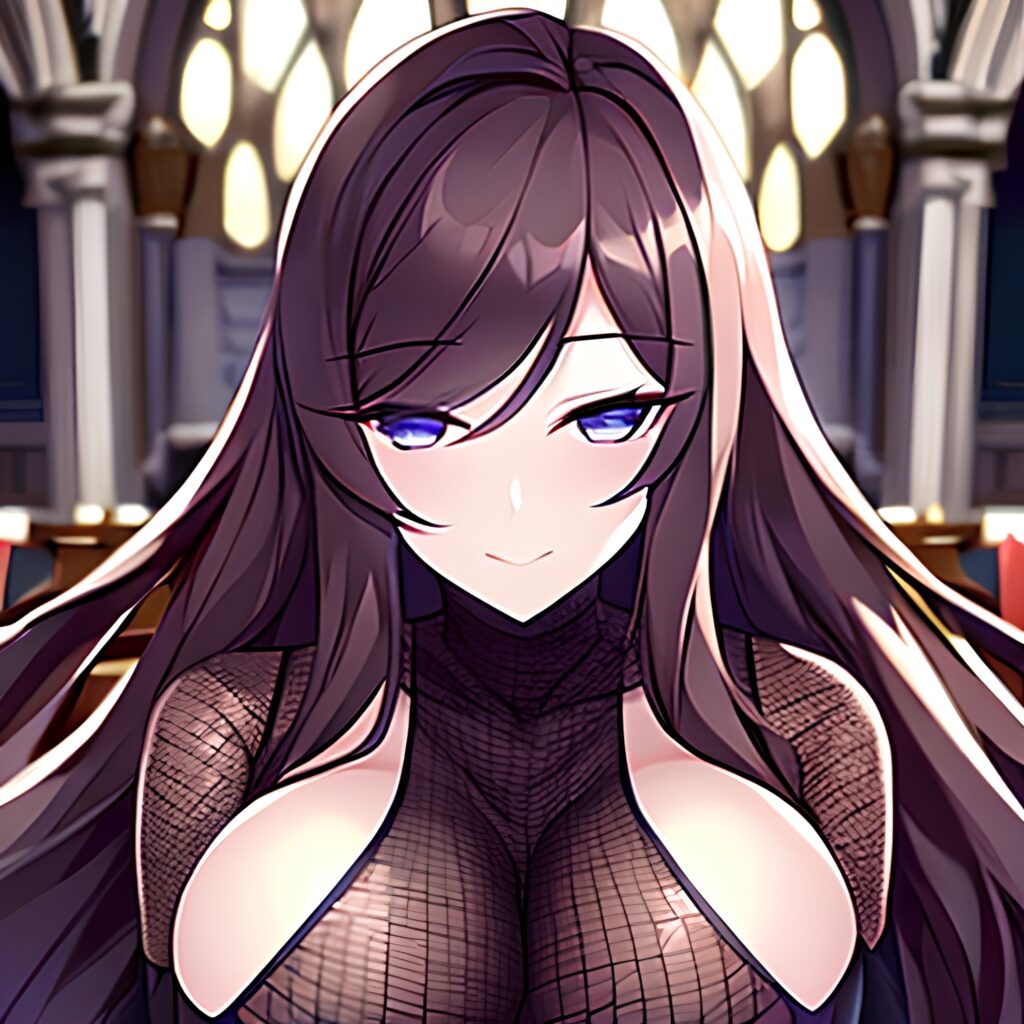 brunette messy hair woman fishnet long hair church