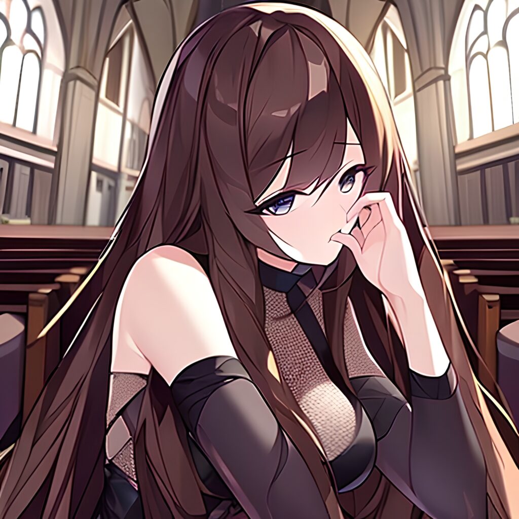 brunette messy hair woman fishnet long hair church 