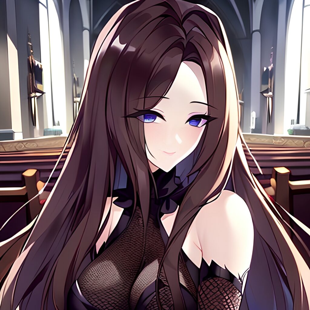 brunette messy hair woman fishnet long hair church 