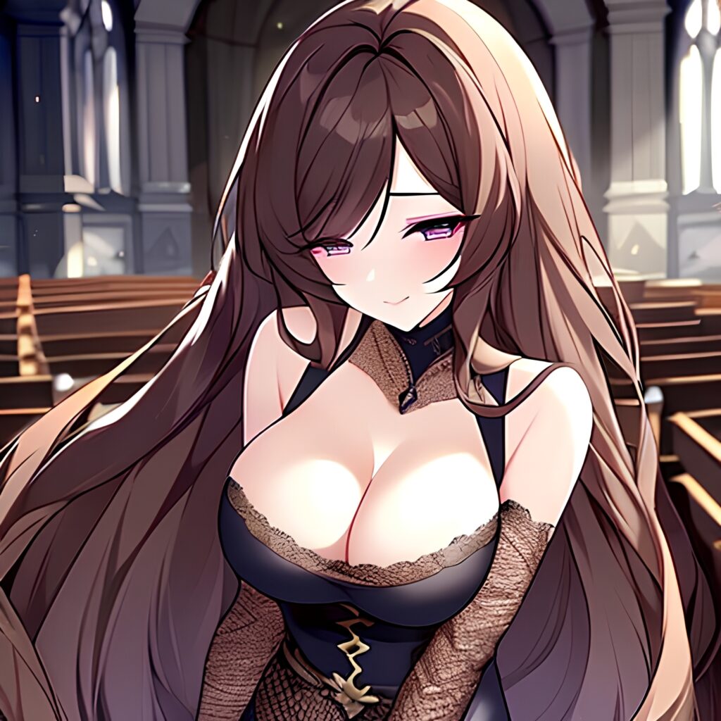 brunette messy hair woman long hair church fishnet 