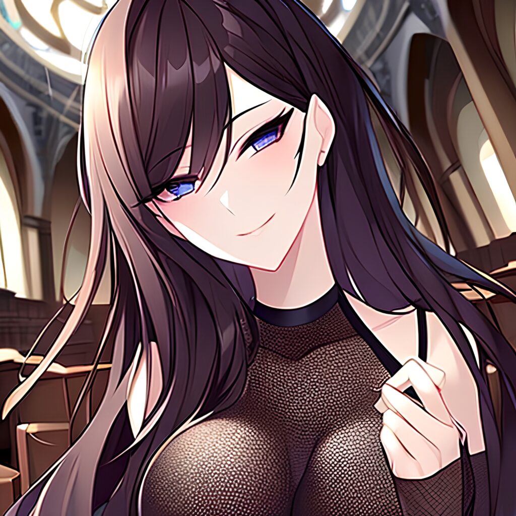 brunette messy hair woman long hair church fishnet 