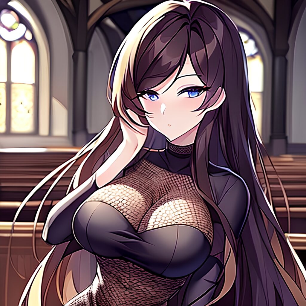 brunette messy hair woman long hair church fishnet 