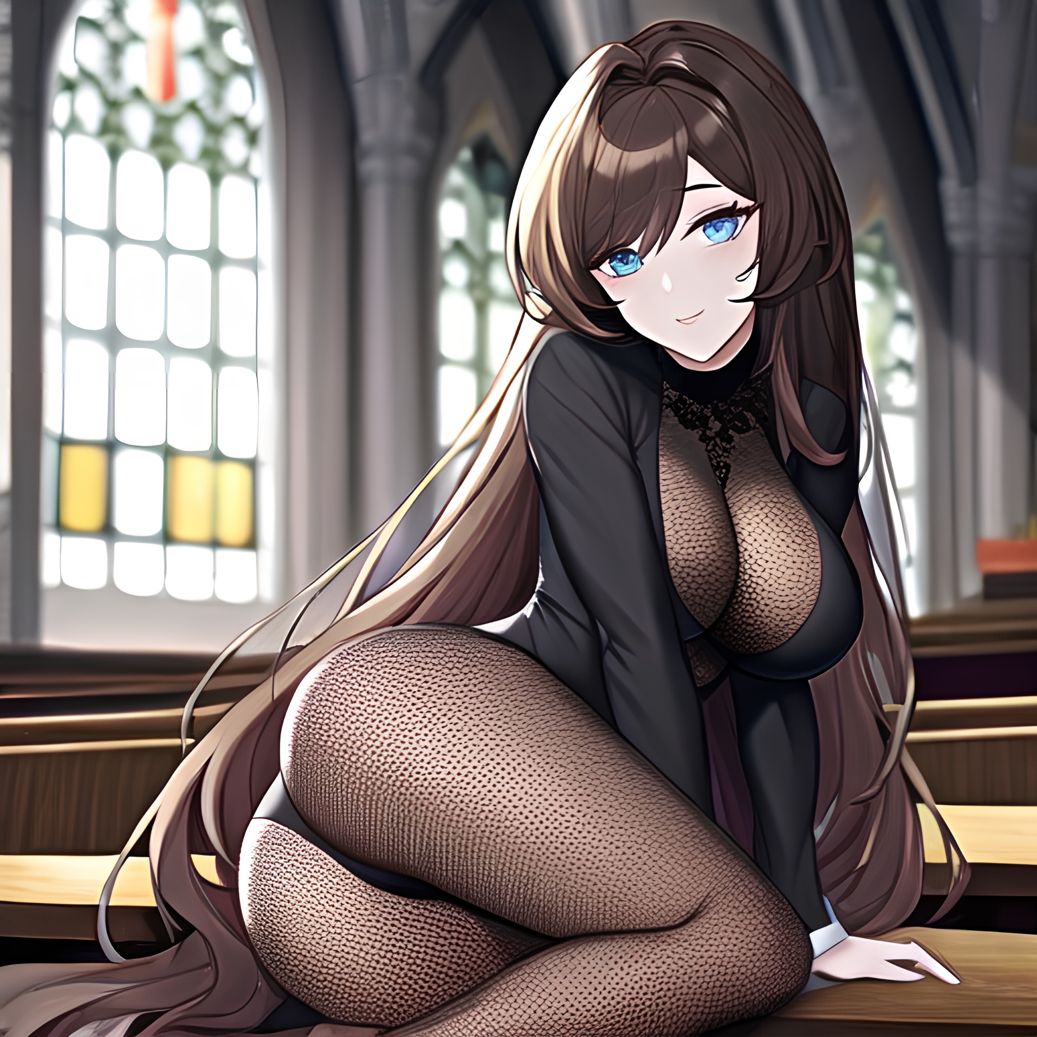 brunette messy hair woman long hair church fishnet 