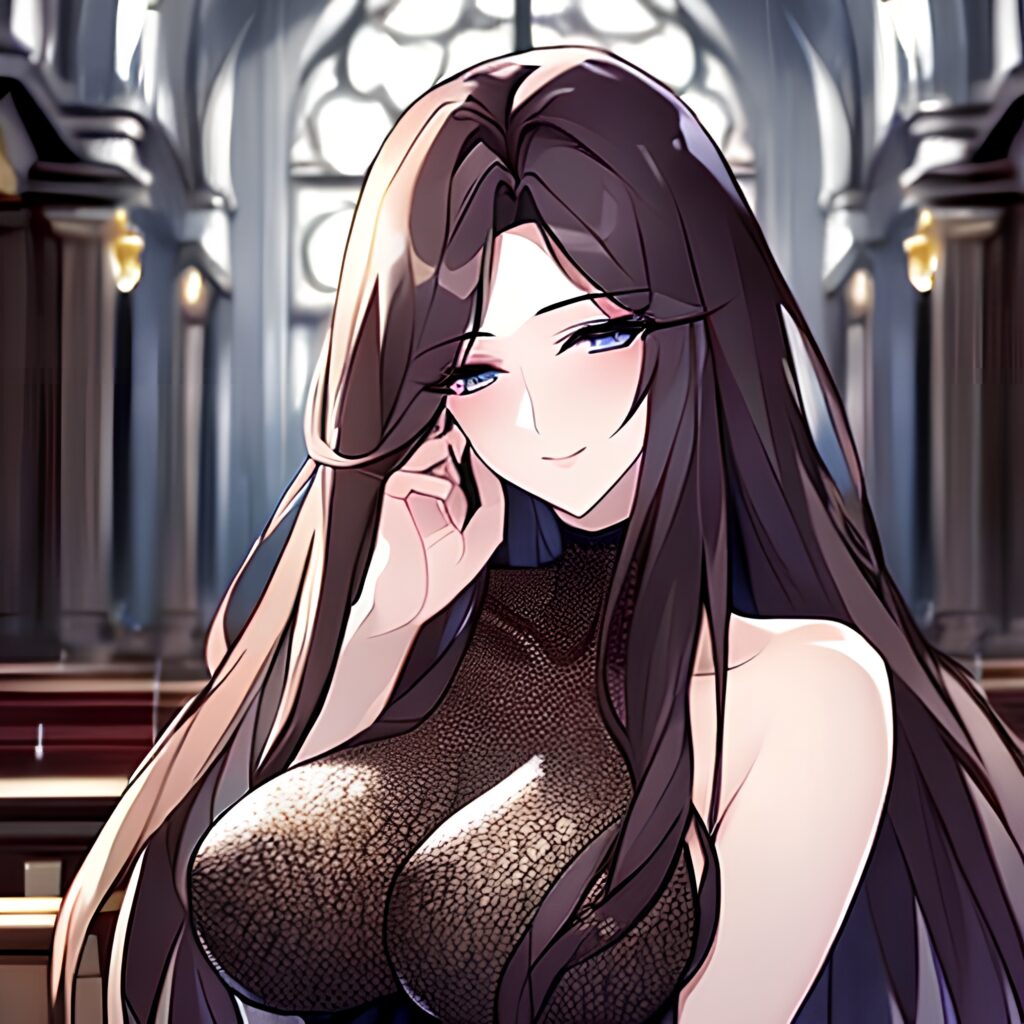 brunette messy hair woman long hair church fishnet 