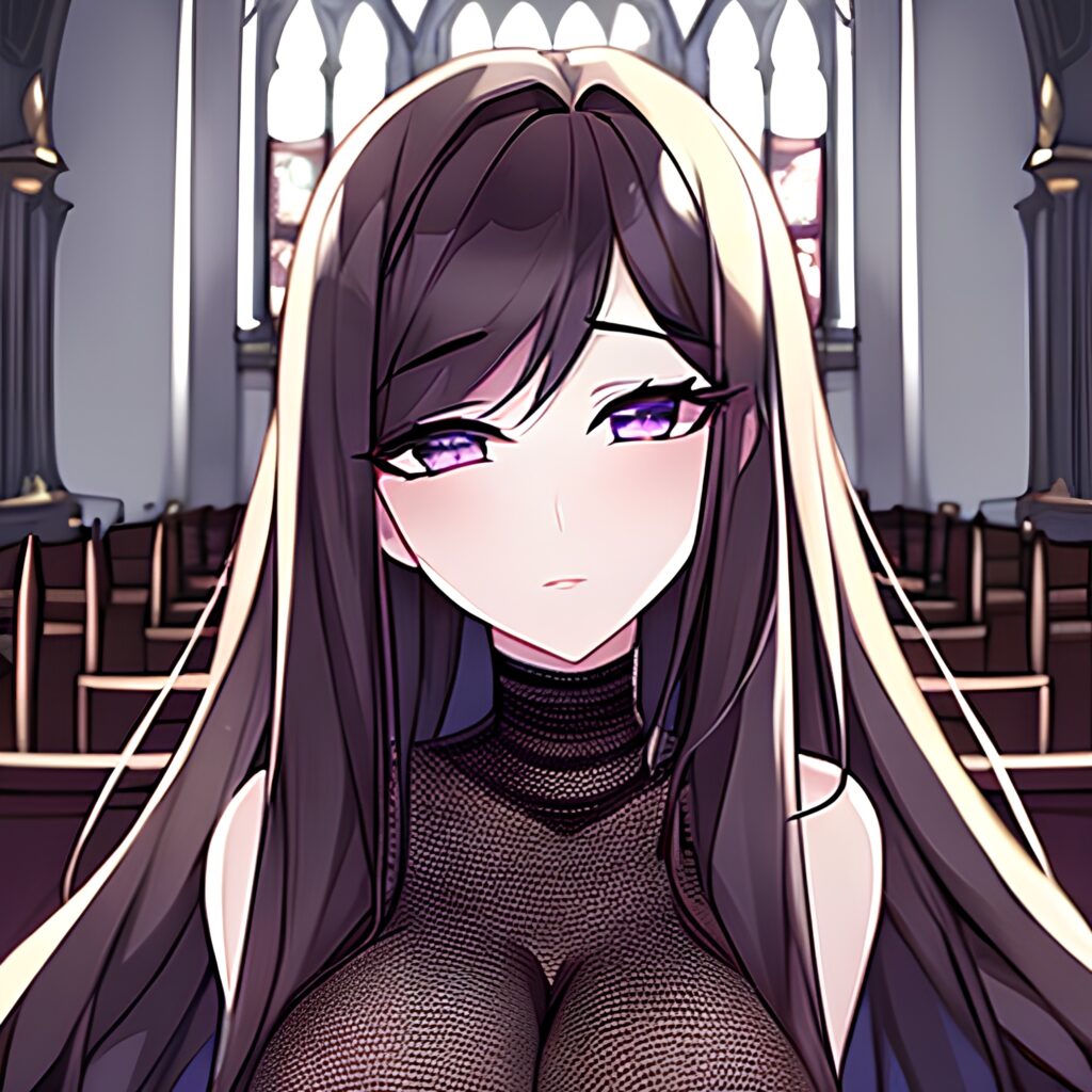 brunette messy hair woman long hair church fishnet 