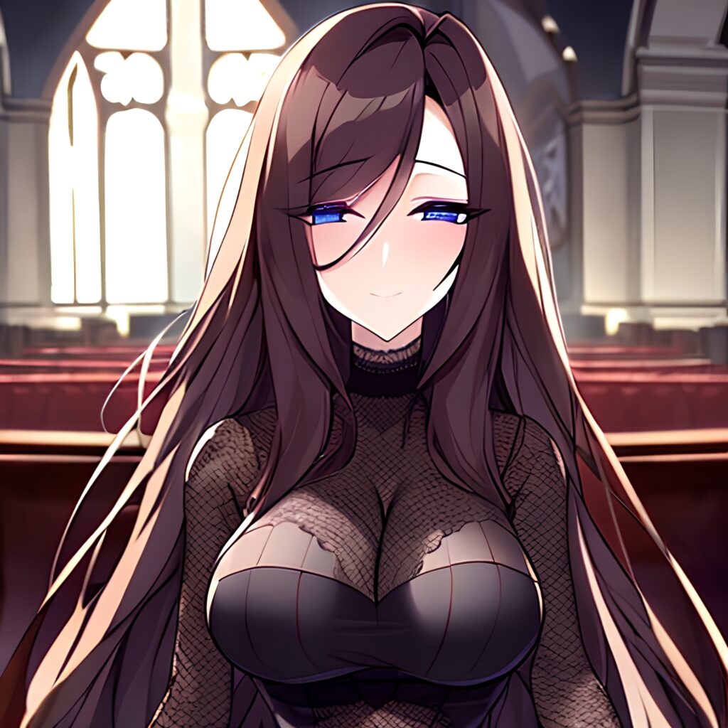 brunette messy hair woman long hair church fishnet 