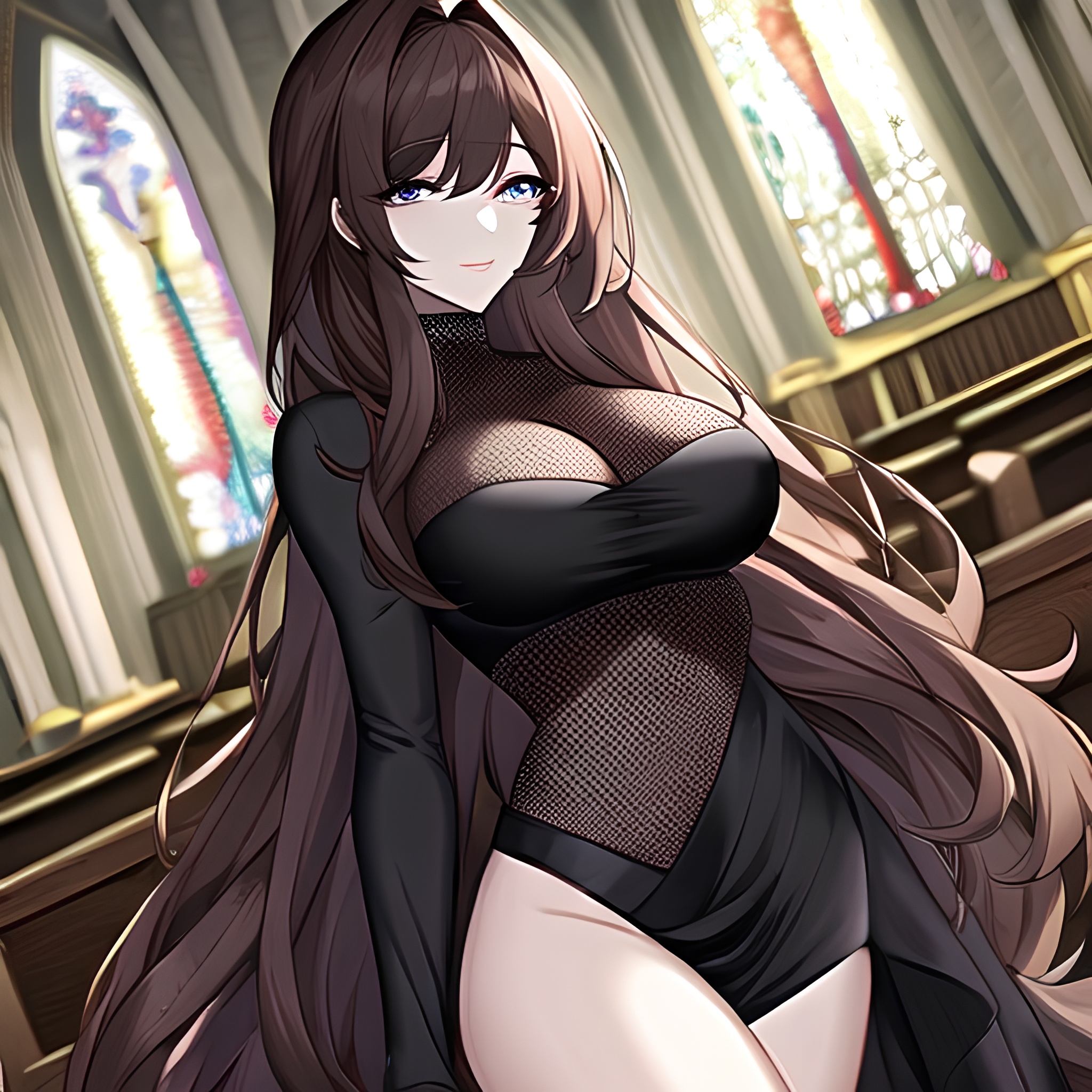 brunette messy hair woman long hair church fishnet 