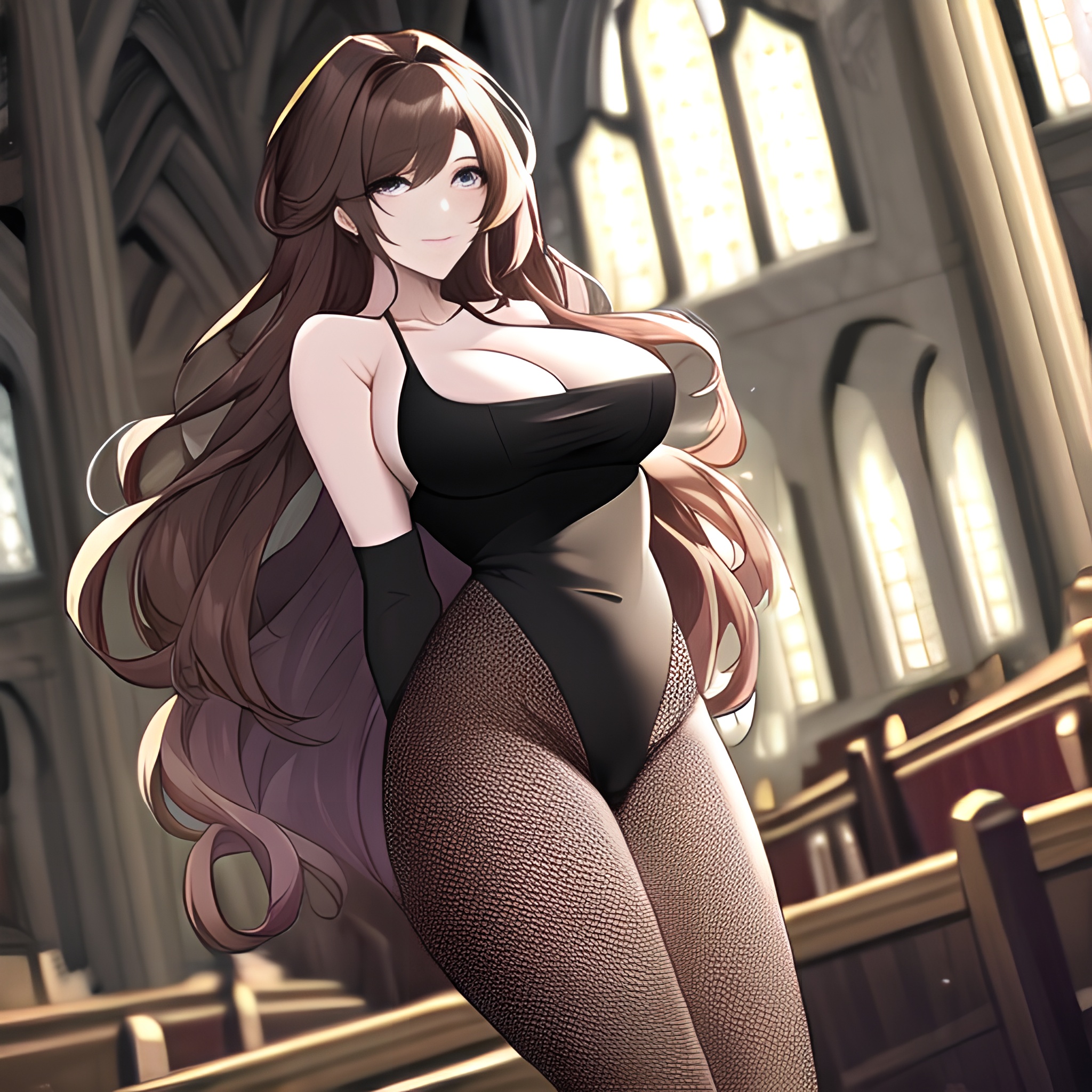 brunette messy hair woman long hair church fishnet 