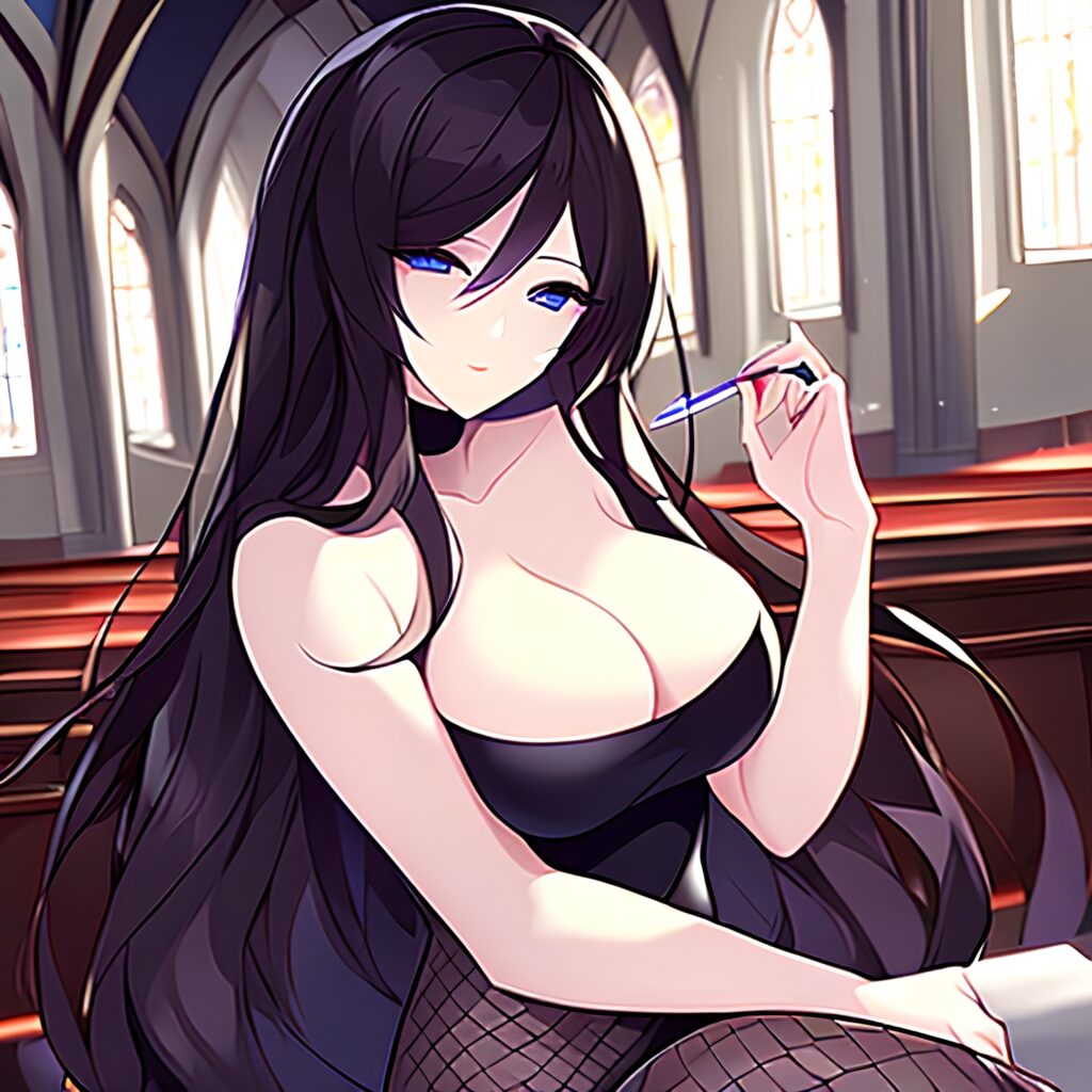 brunette messy hair woman long hair fishnet church 