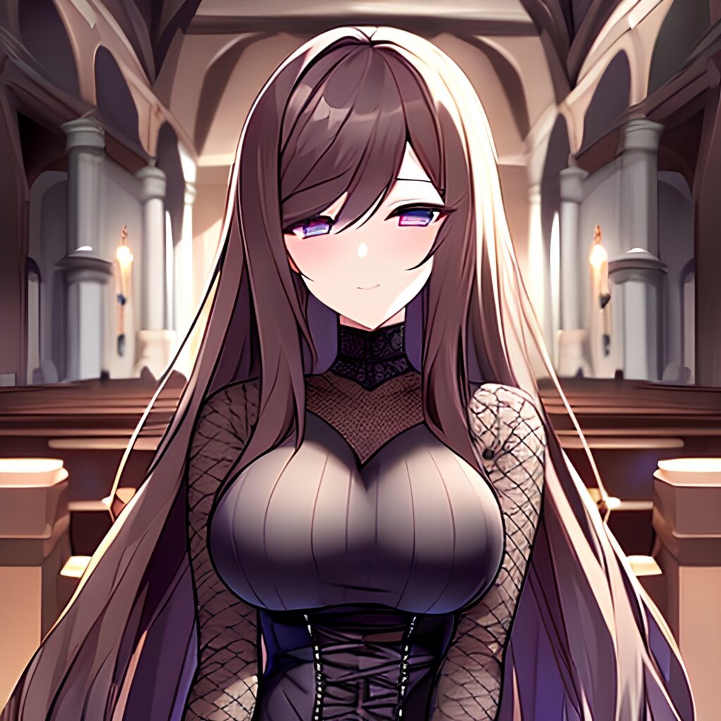 brunette messy hair woman long hair fishnet church 