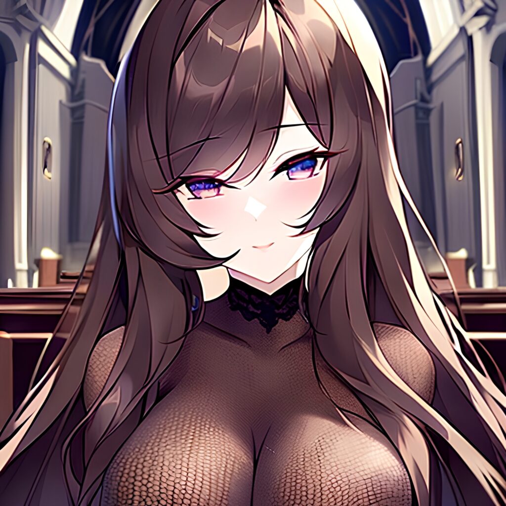 brunette messy hair woman long hair fishnet church 