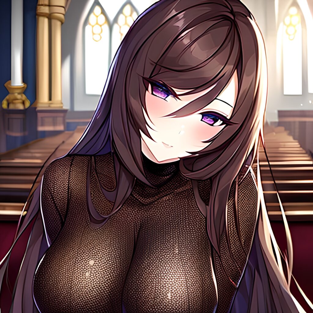 brunette woman church fishnet long hair messy hair 