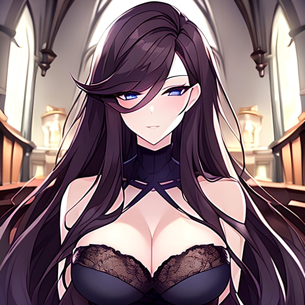 brunette woman church fishnet long hair messy hair 