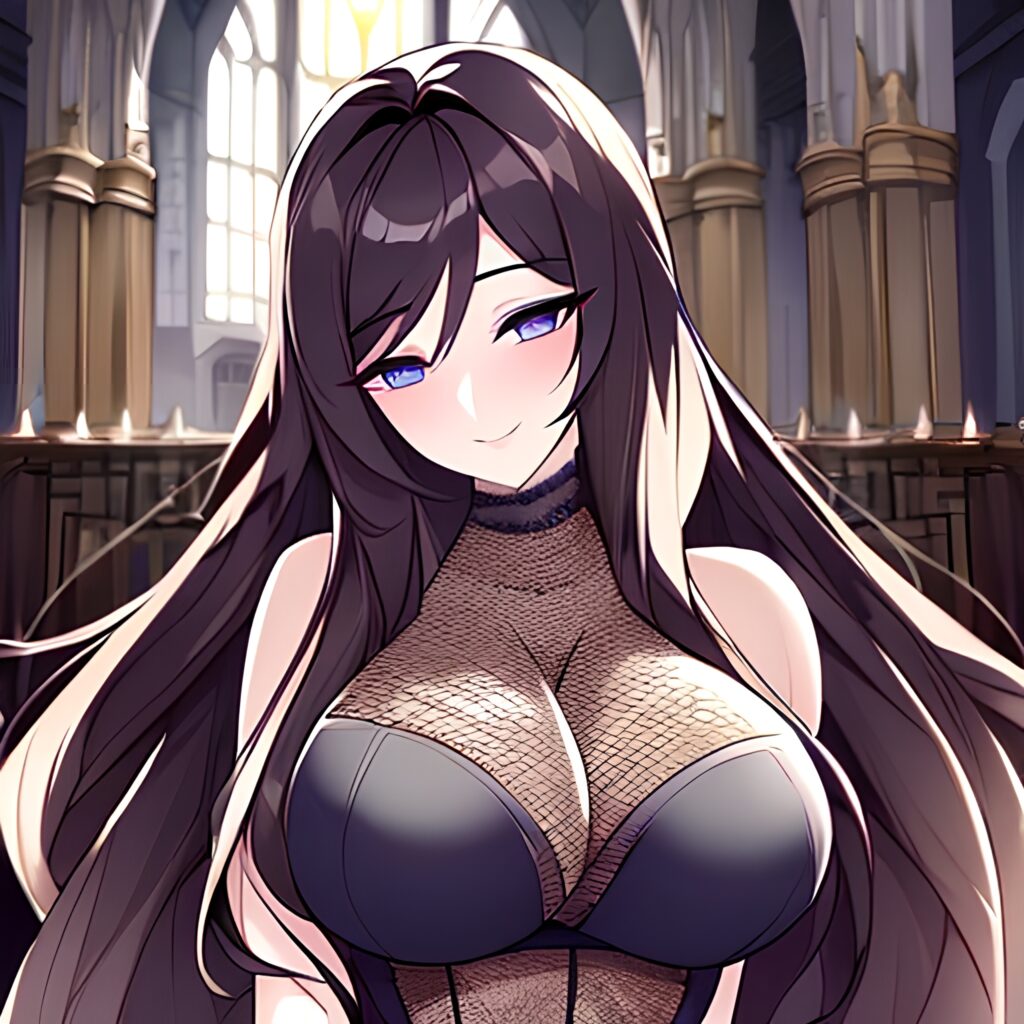 brunette woman church fishnet long hair messy hair 