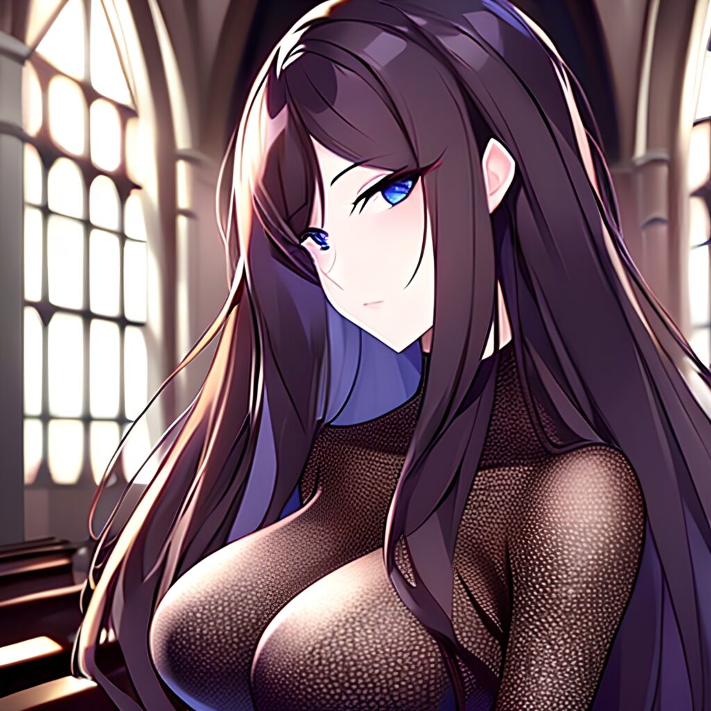 brunette woman church fishnet long hair messy hair 