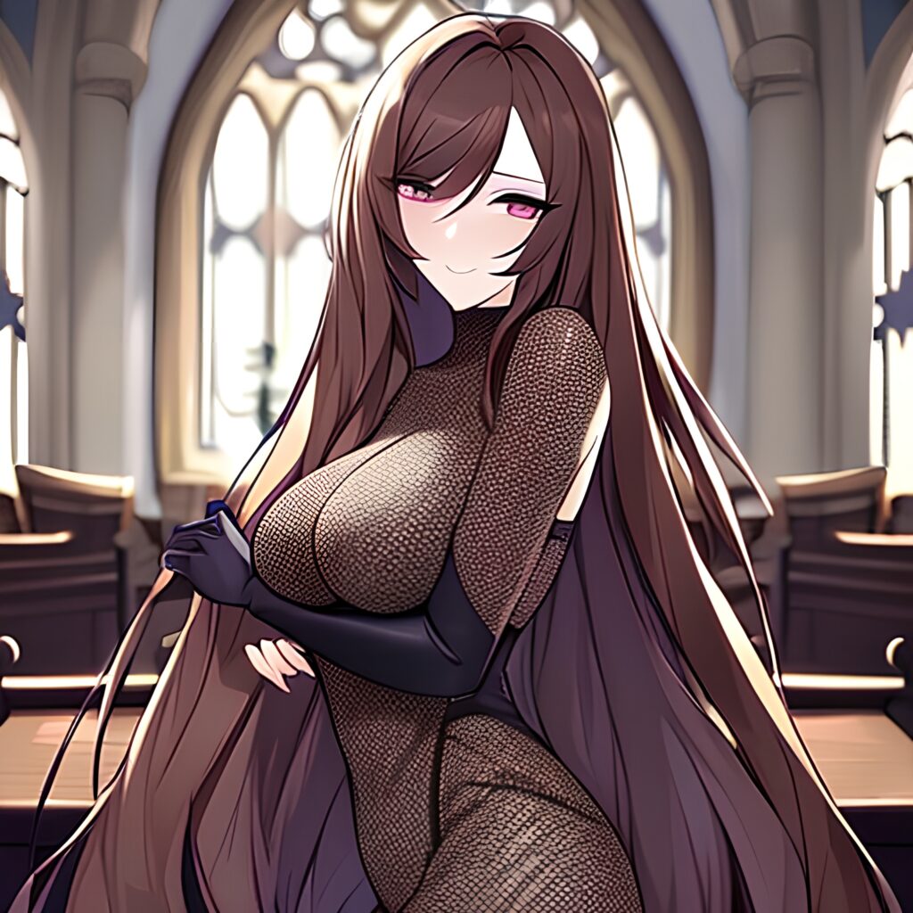 brunette woman church fishnet long hair messy hair 