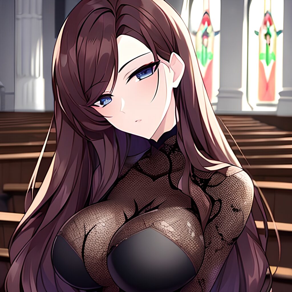 brunette woman church fishnet long hair messy hair 