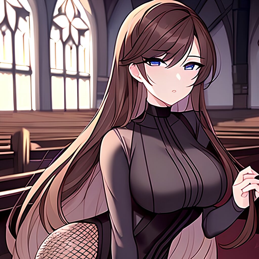 brunette woman church fishnet long hair messy hair 