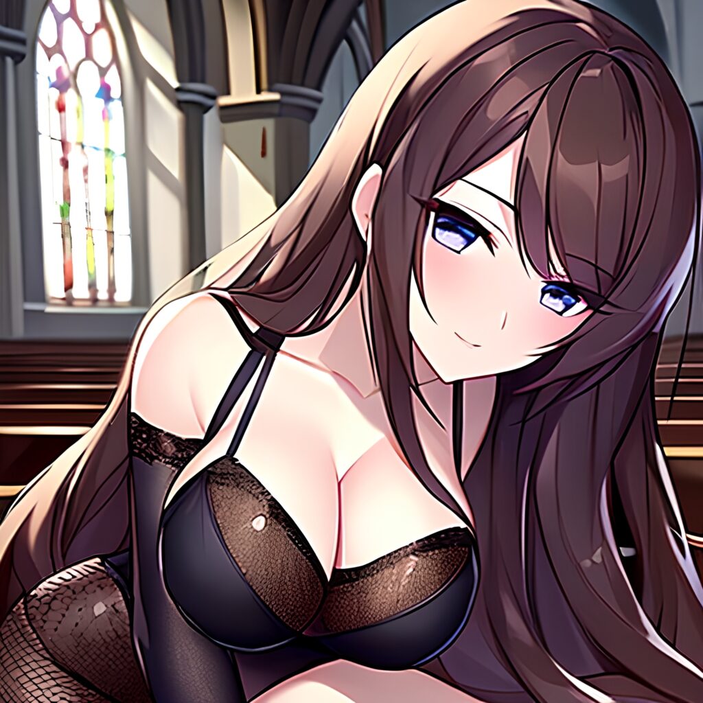 brunette woman church fishnet long hair messy hair 