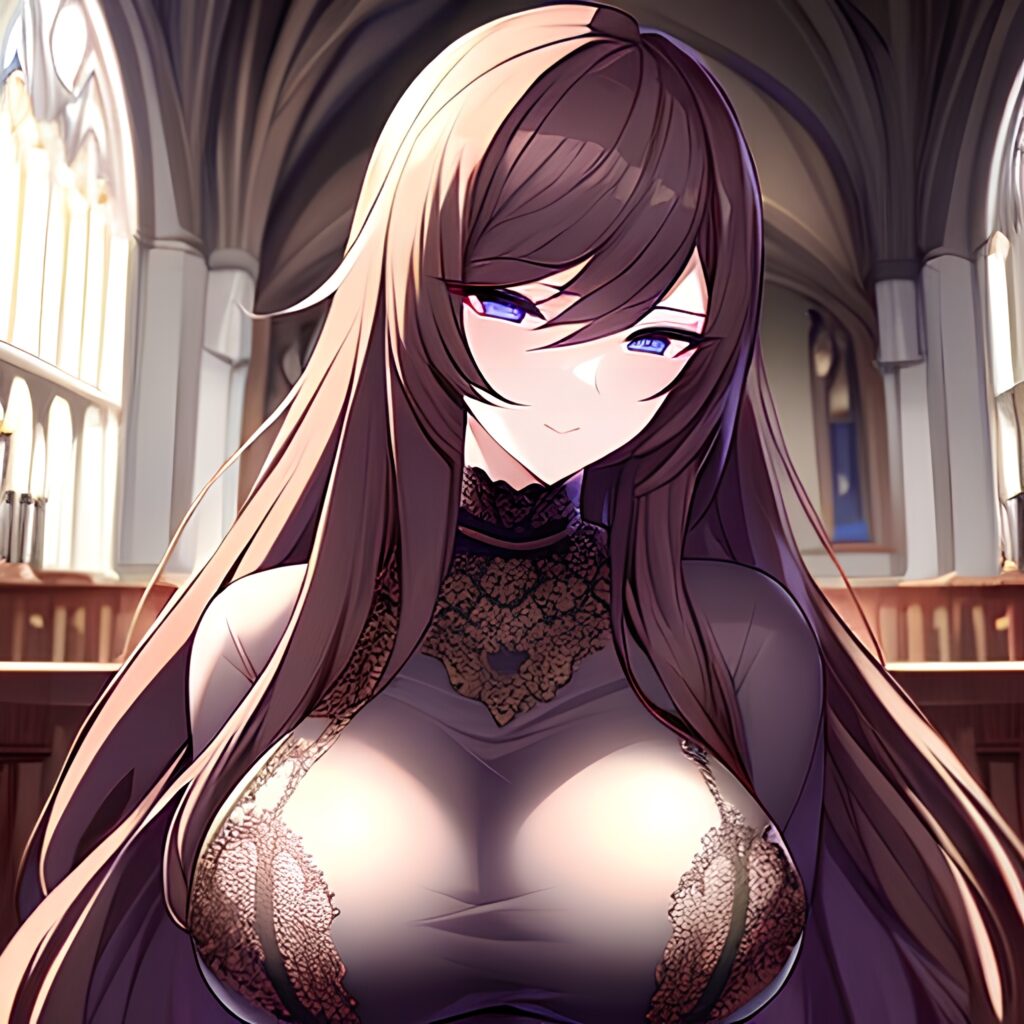 brunette woman church fishnet long hair messy hair 