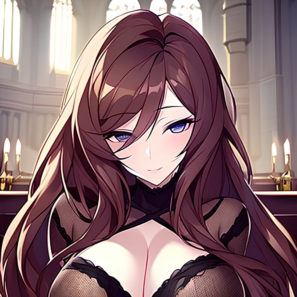 brunette woman church fishnet messy hair long hair