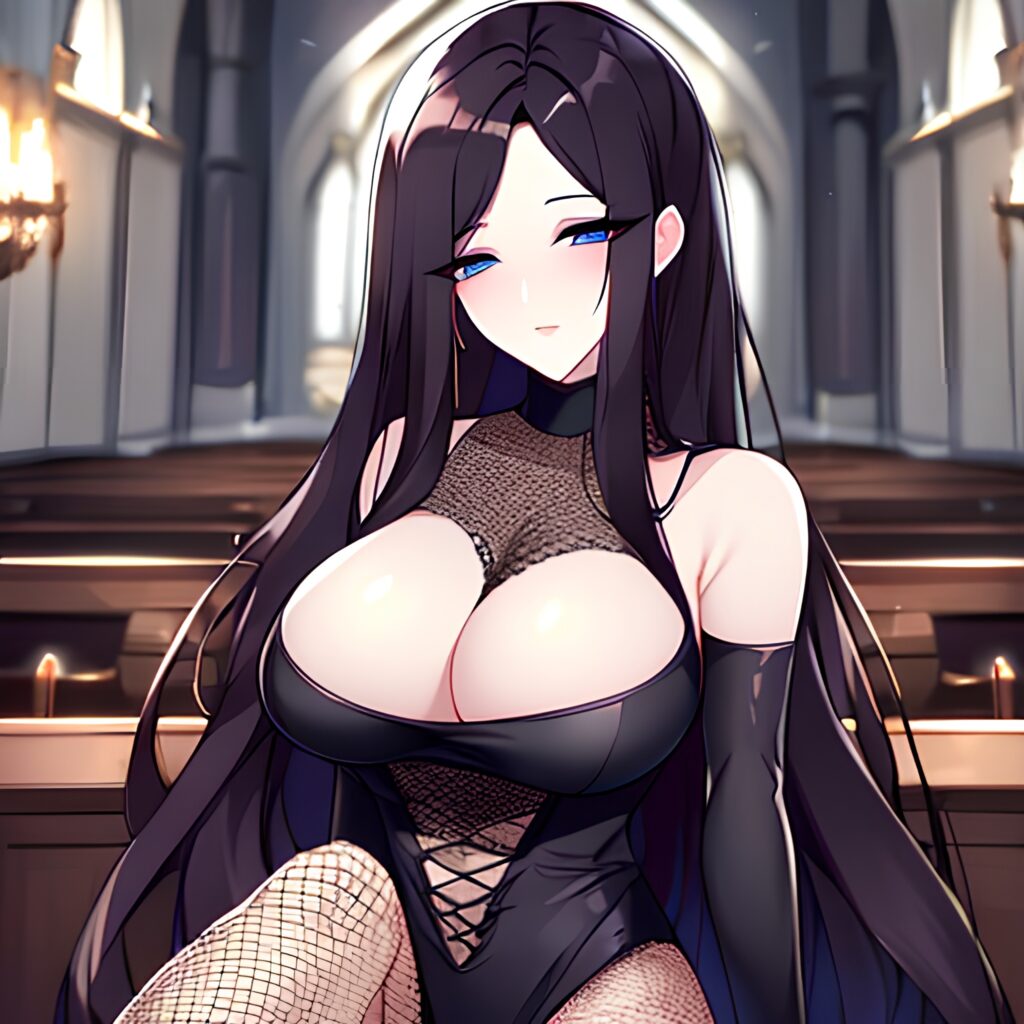 brunette woman church fishnet messy hair long hair 