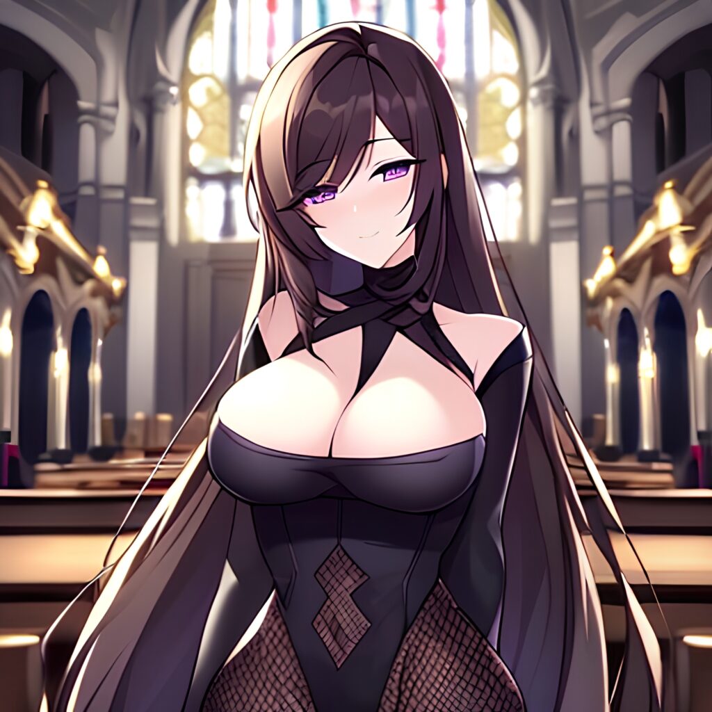 brunette woman church long hair fishnet messy hair 