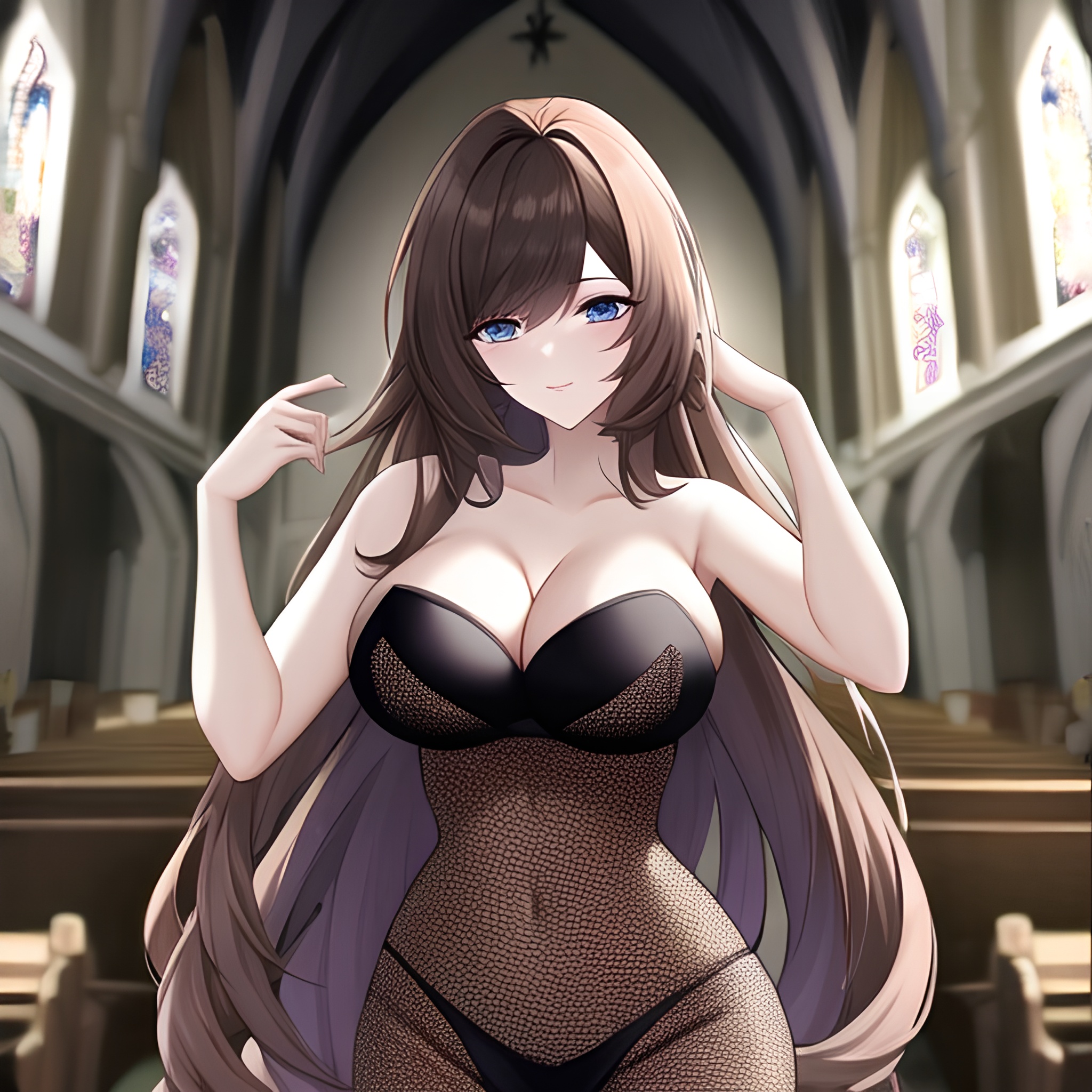 brunette woman church long hair fishnet messy hair 