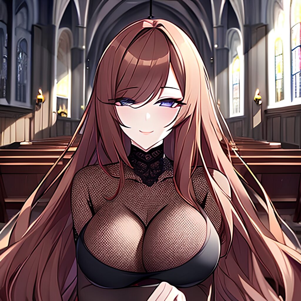 brunette woman church long hair fishnet messy hair 