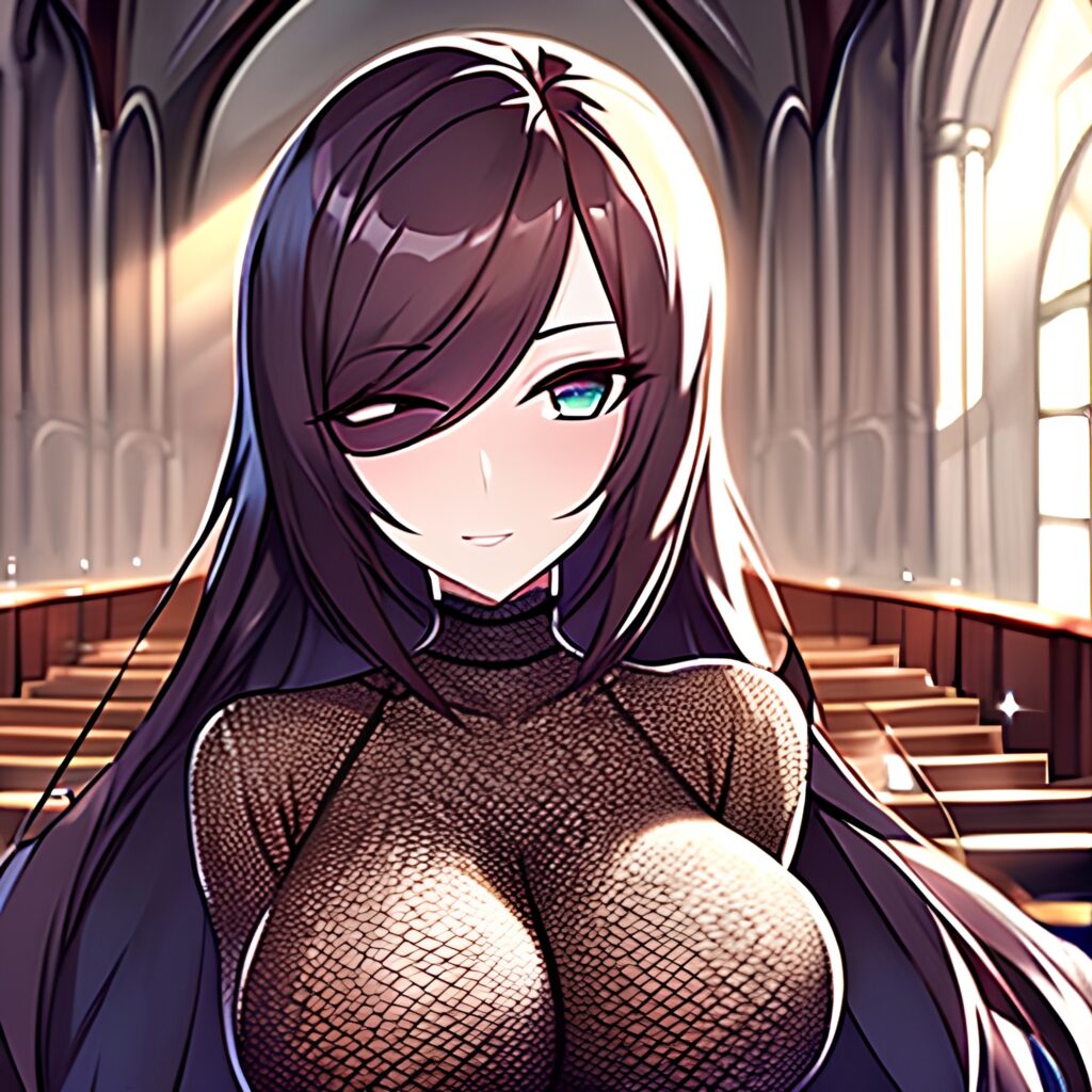 brunette woman church long hair messy hair fishnet 