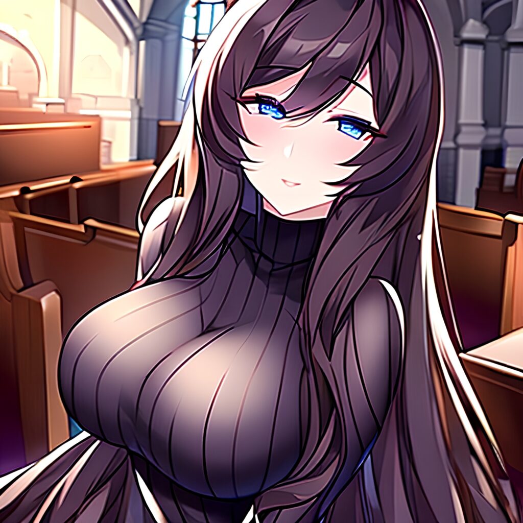 brunette woman church long hair messy hair fishnet