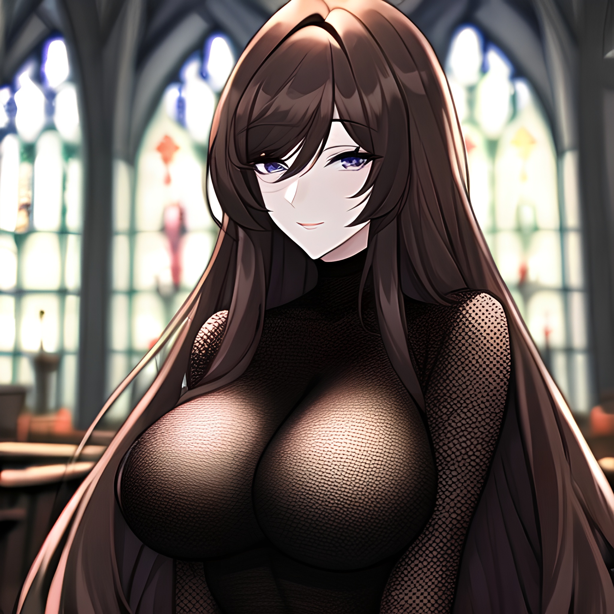 brunette woman church long hair messy hair fishnet 