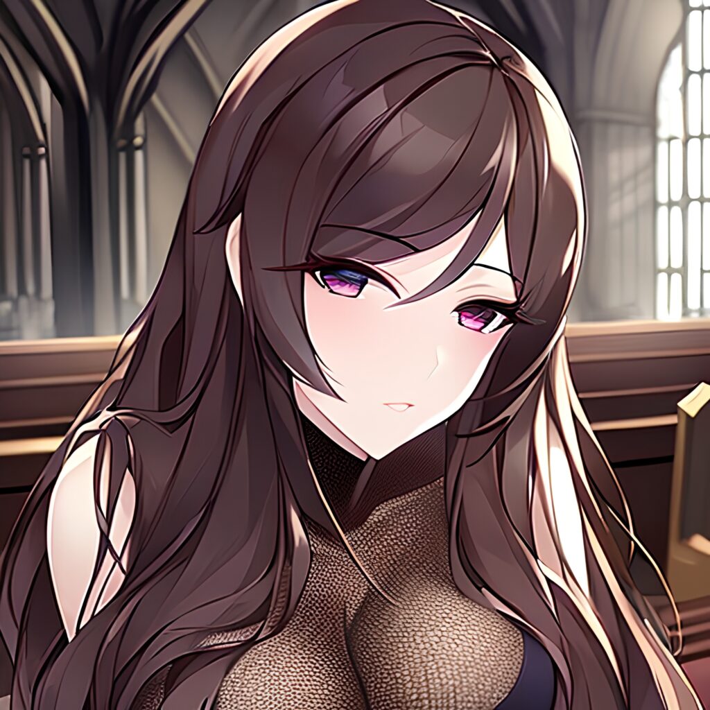 brunette woman church long hair messy hair fishnet