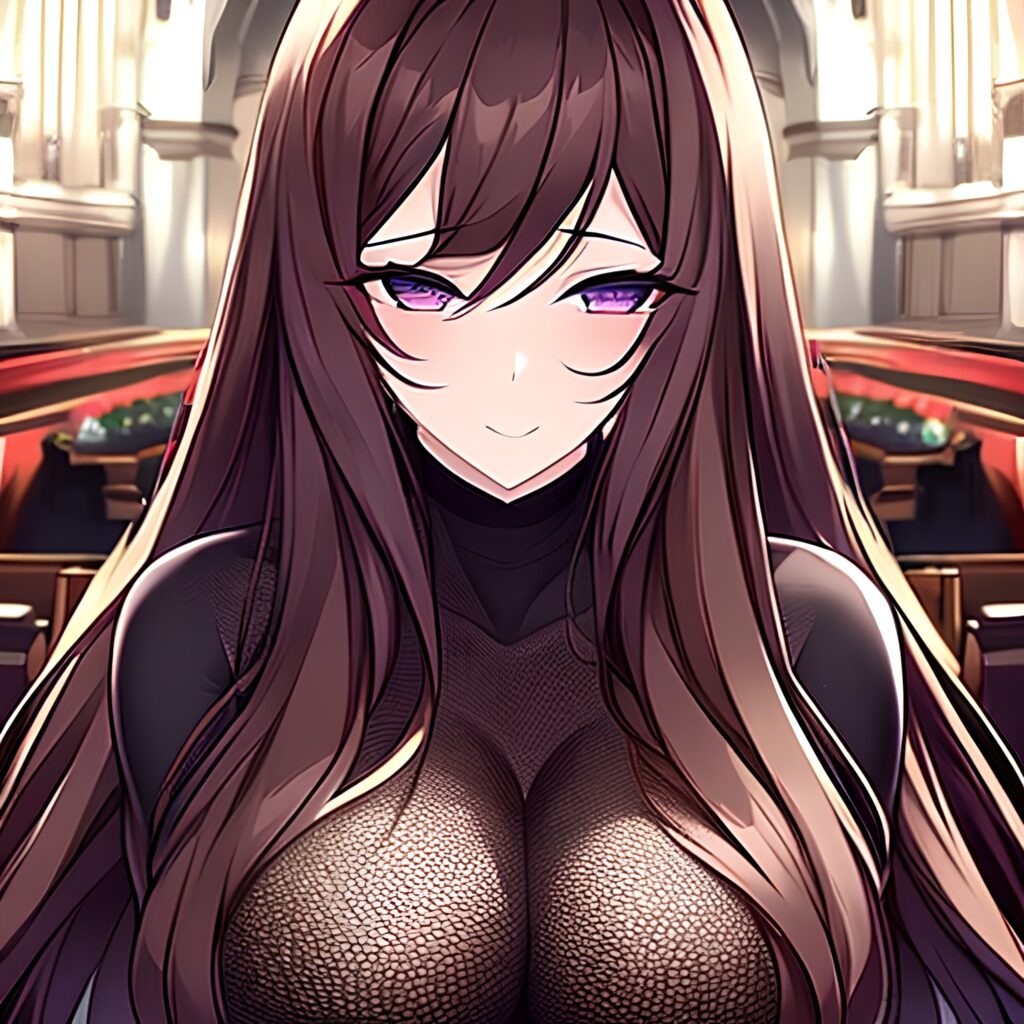 brunette woman church long hair messy hair fishnet 