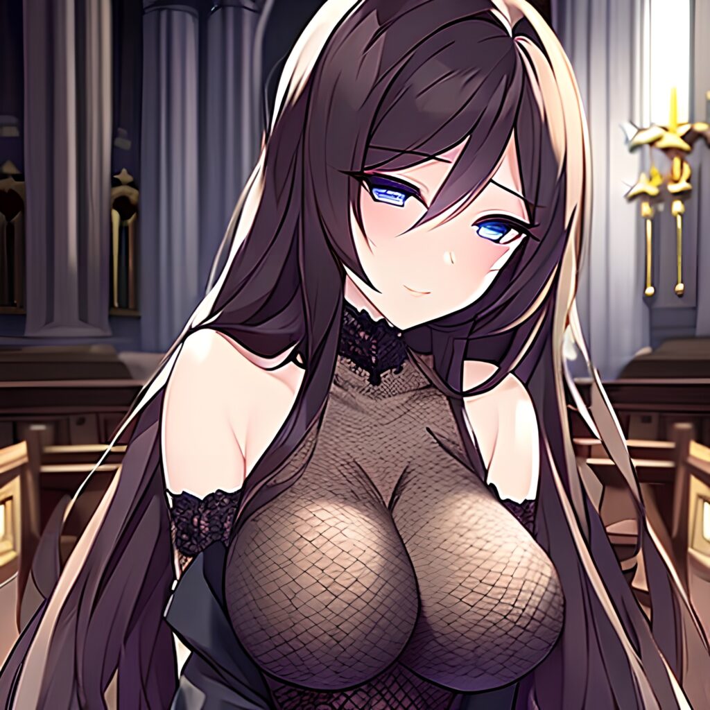 brunette woman church long hair messy hair fishnet 