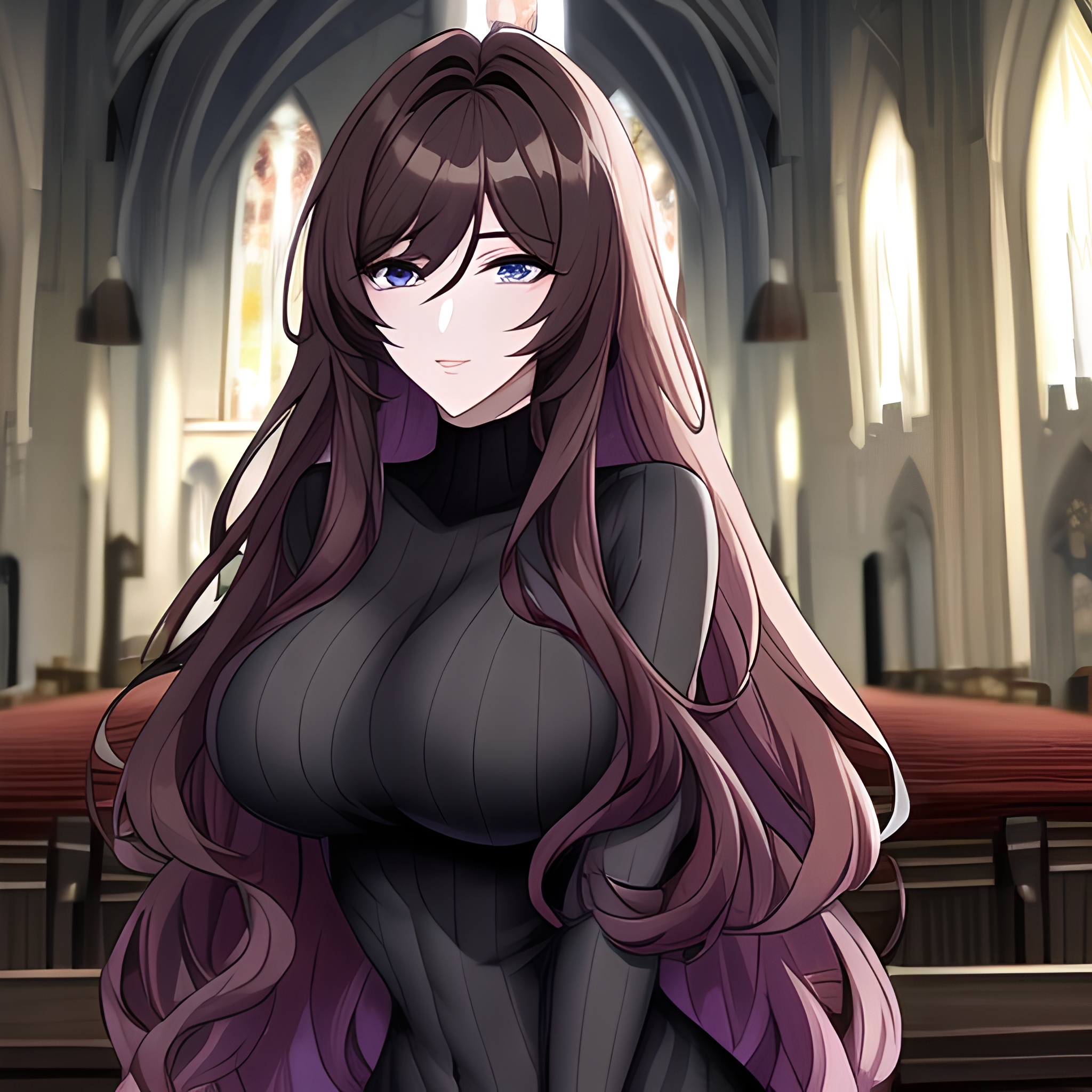 brunette woman church long hair messy hair fishnet 