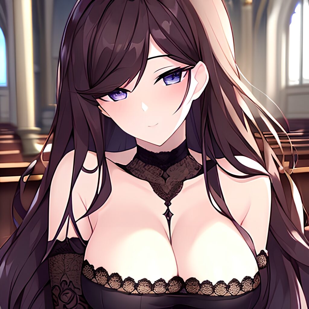 brunette woman church messy hair fishnet long hair 