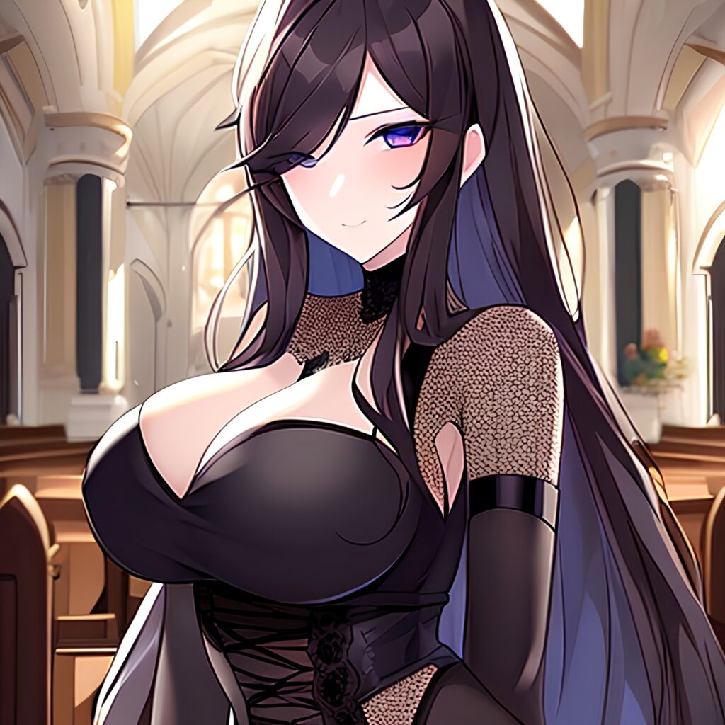 brunette woman church messy hair fishnet long hair 